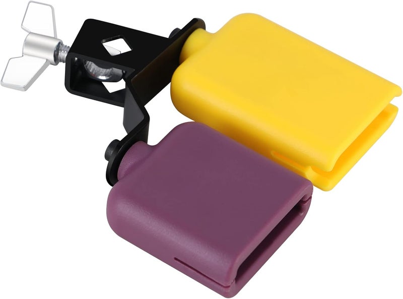 RANMING Jam Block Plastic Cow Bell Double Sambago Bell Jam Block for Band Practice Festival Performance,Latin Percussion Instrument Kit (Yellow-Purple) - Image 1